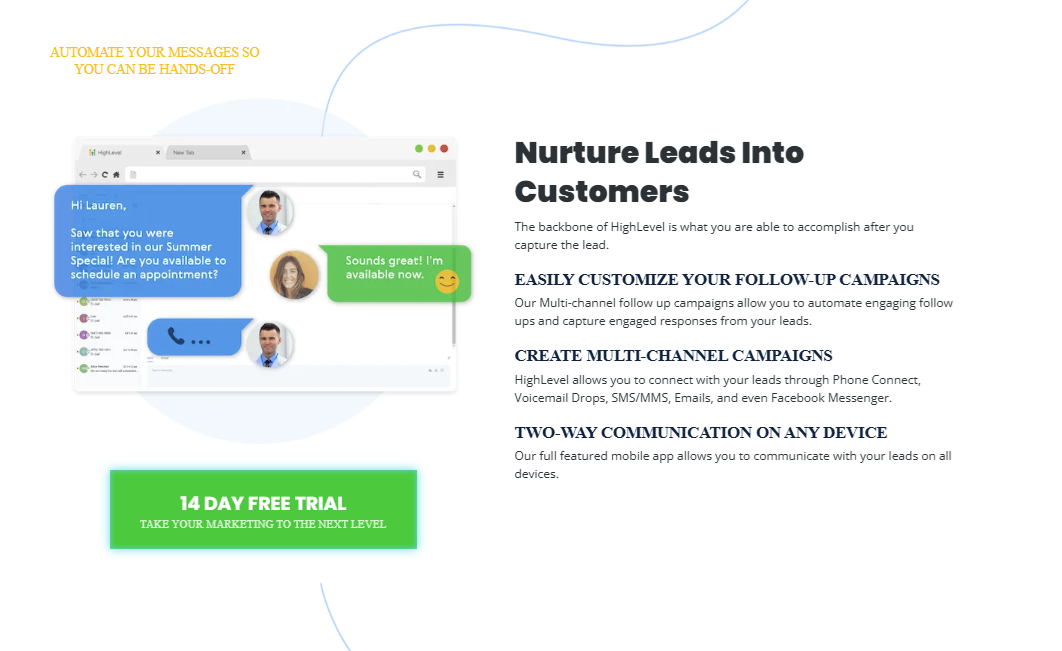 HighLevel nurture-leads automation with SMS, calls, and follow-up campaigns