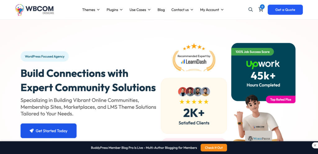 Wbcom Designs website highlighting LearnDash expertise and 45,000-plus Upwork hours
