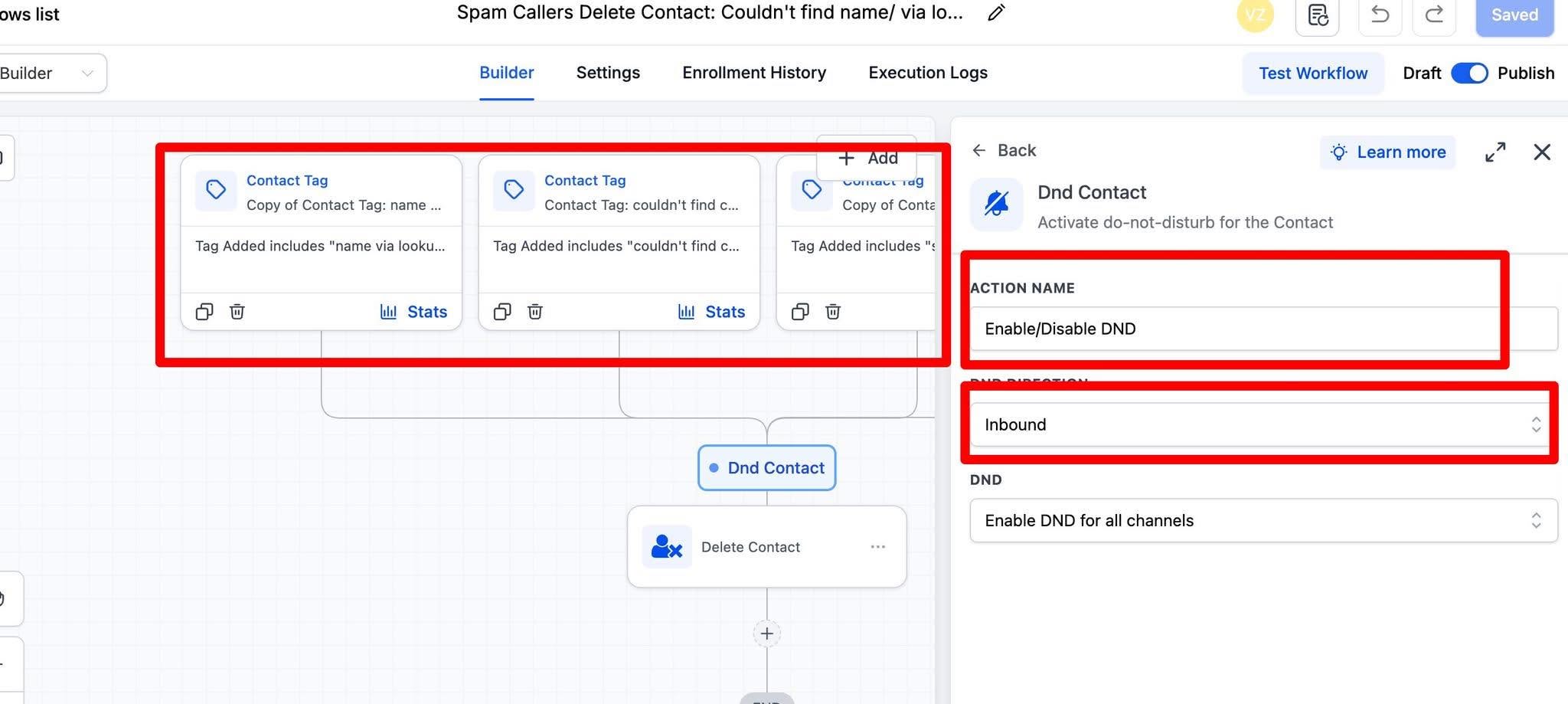 GoHighLevel workflow applying inbound DND and deleting contacts after spam-related tags