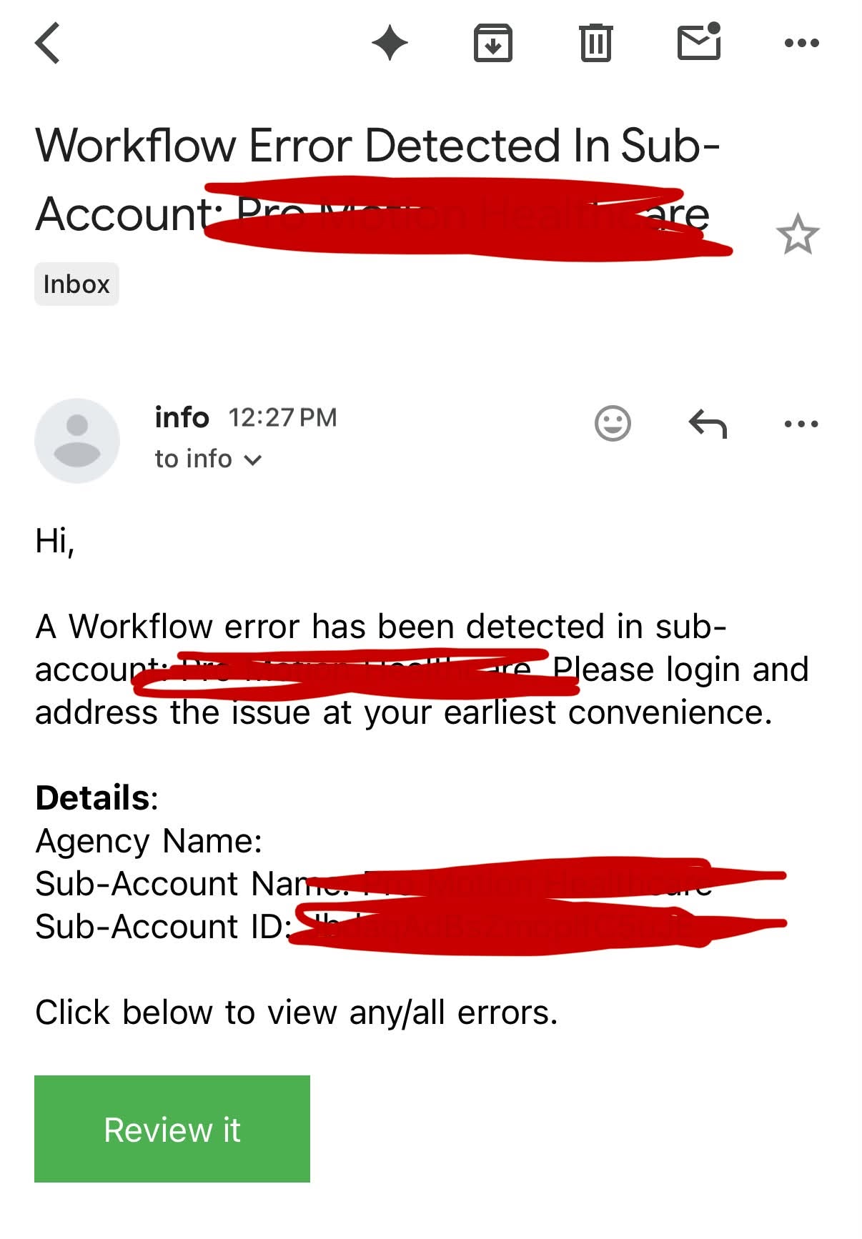 Email notification for a GoHighLevel workflow error detected in a client sub-account
