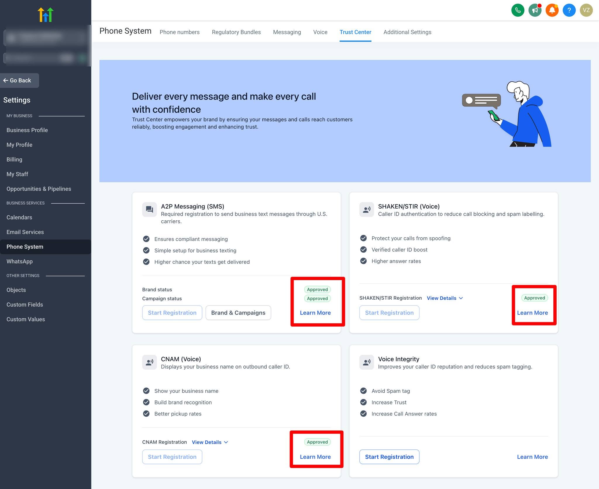 GoHighLevel Trust Center showing A2P brand and campaign approved with SHAKEN/STIR and CNAM statuses