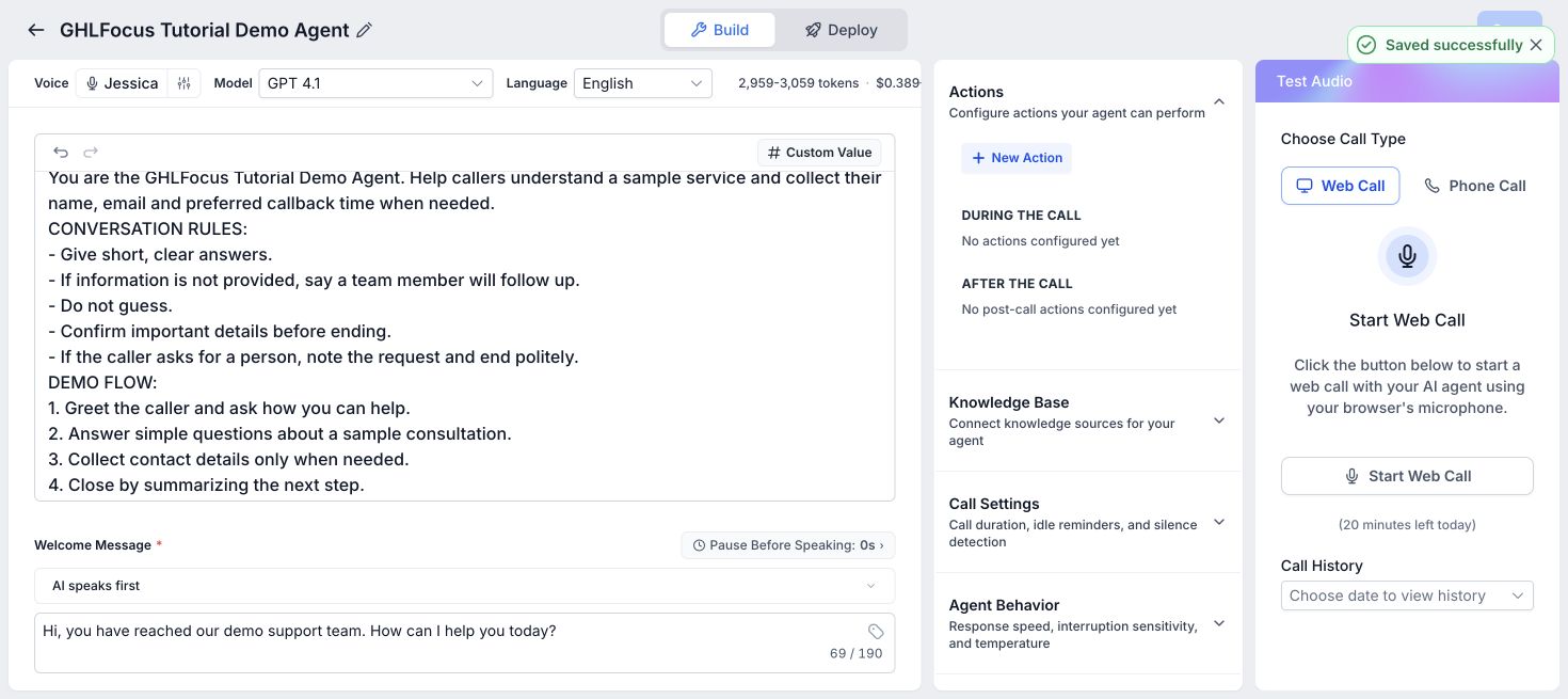 GoHighLevel Voice AI web-call test panel with the Start Web Call button and call history