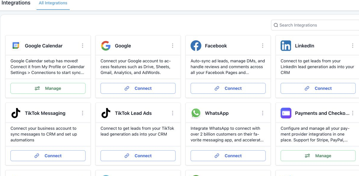 GoHighLevel Integrations screen showing the Facebook connection card for lead syncing and messages