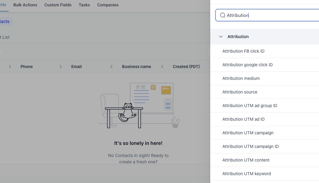 GoHighLevel contact filters showing available attribution fields