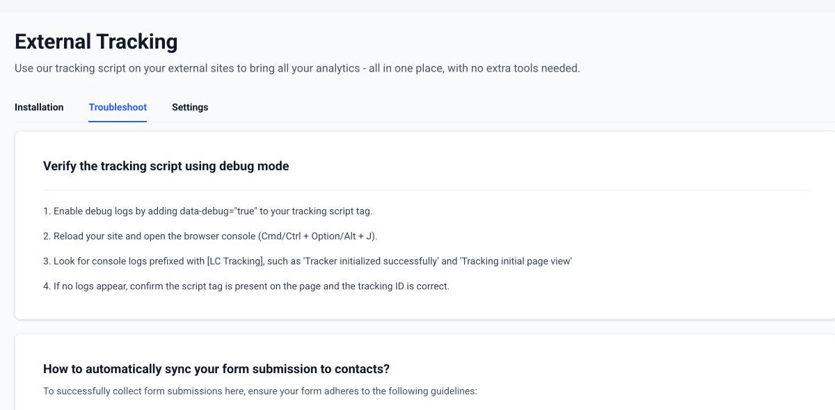 GoHighLevel External Tracking troubleshooting screen with script verification steps