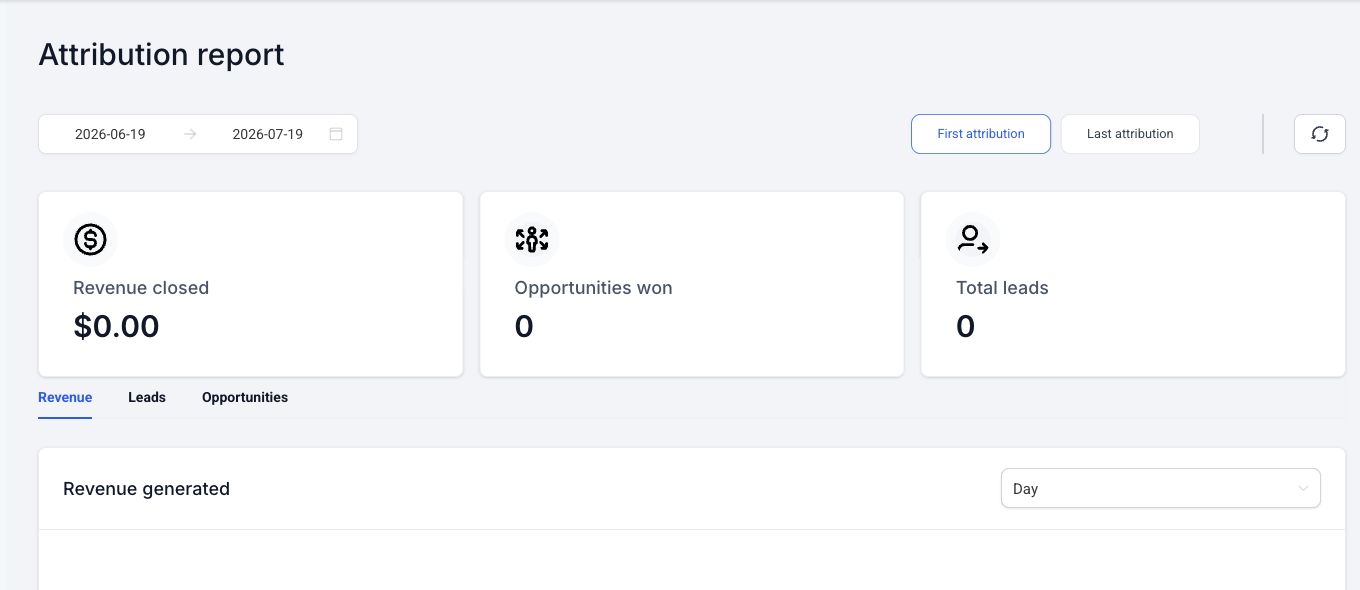 HighLevel attribution report showing first and last attribution views