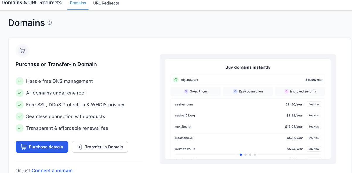 GoHighLevel Domains and URL Redirects screen with domain connection options