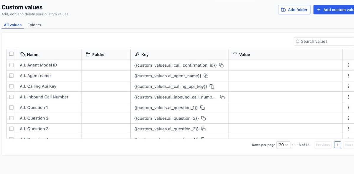 GoHighLevel Custom Values screen showing reusable value names and merge-field keys