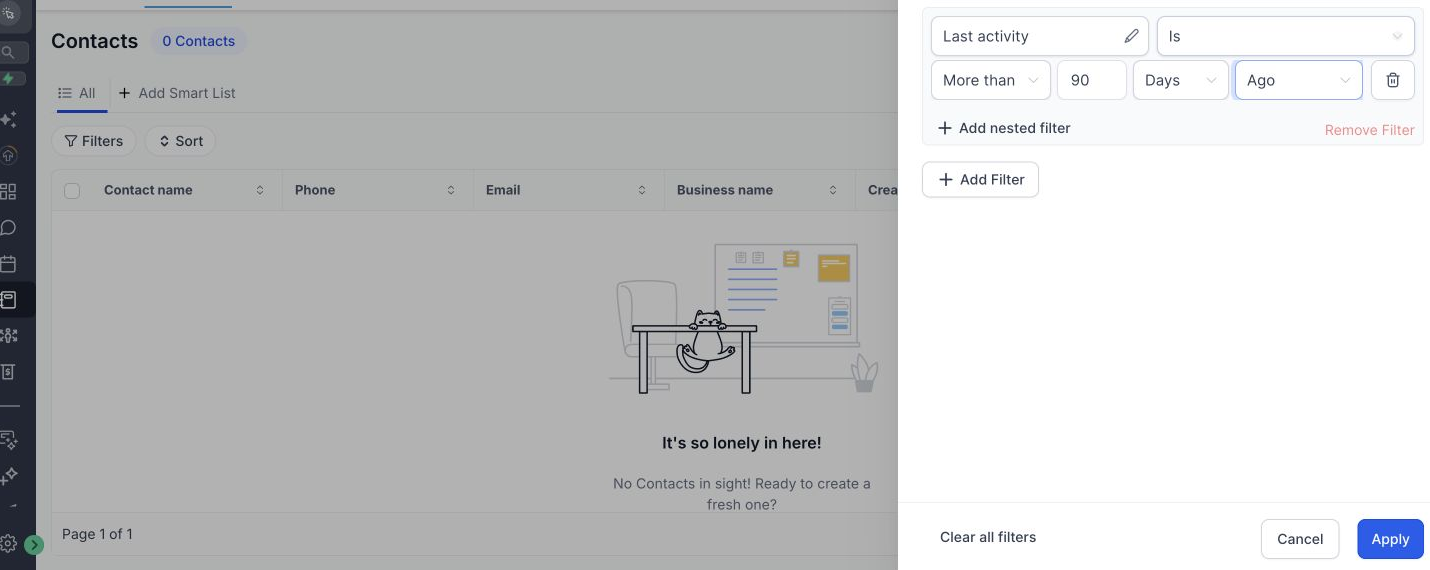 HighLevel contact filter for leads with no activity in the last 90 days