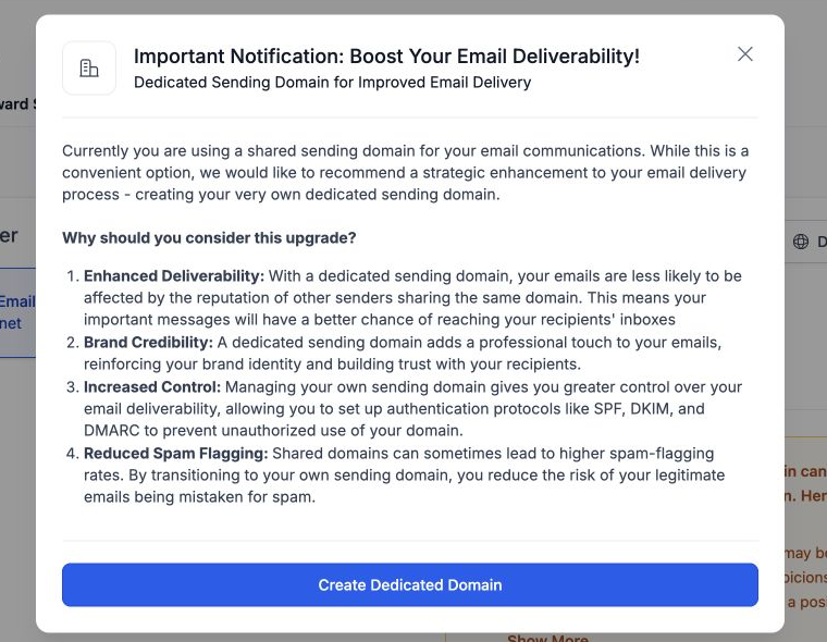 GoHighLevel Email Services notice explaining dedicated sending-domain deliverability benefits