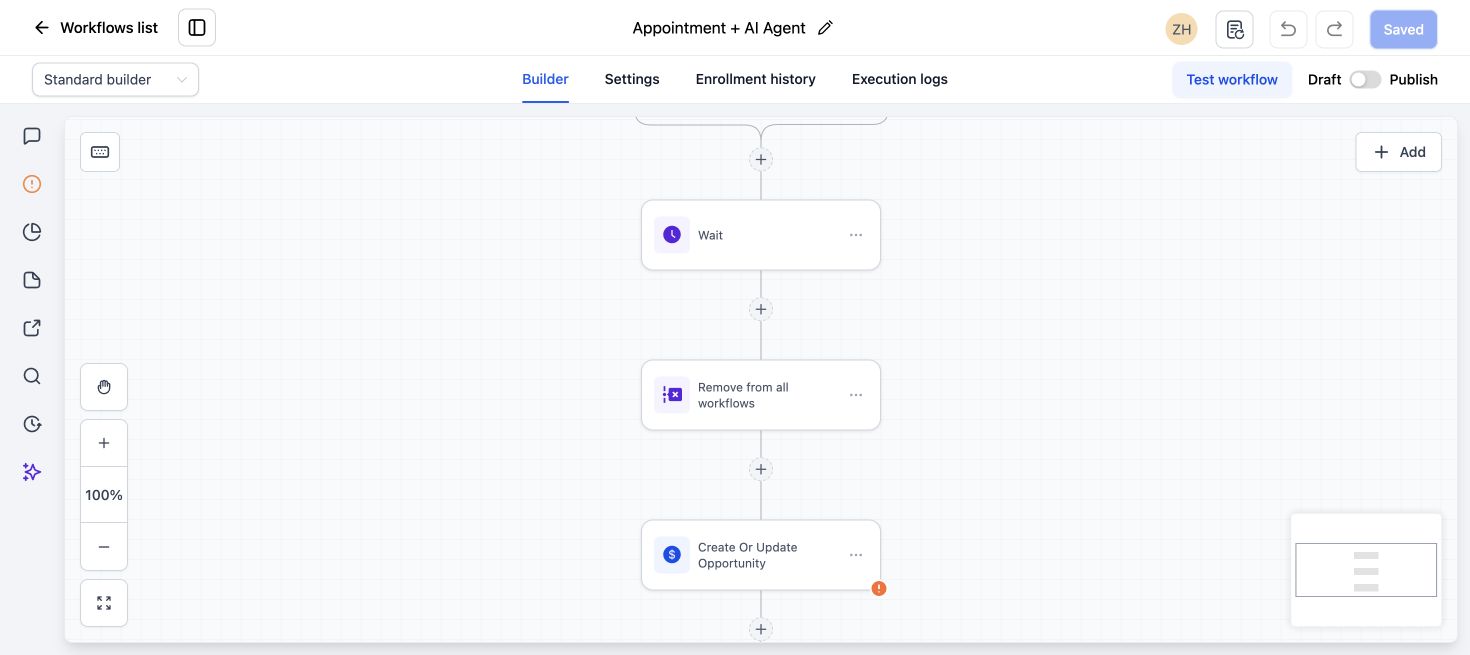 GoHighLevel workflow builder with a Create or Update Opportunity step