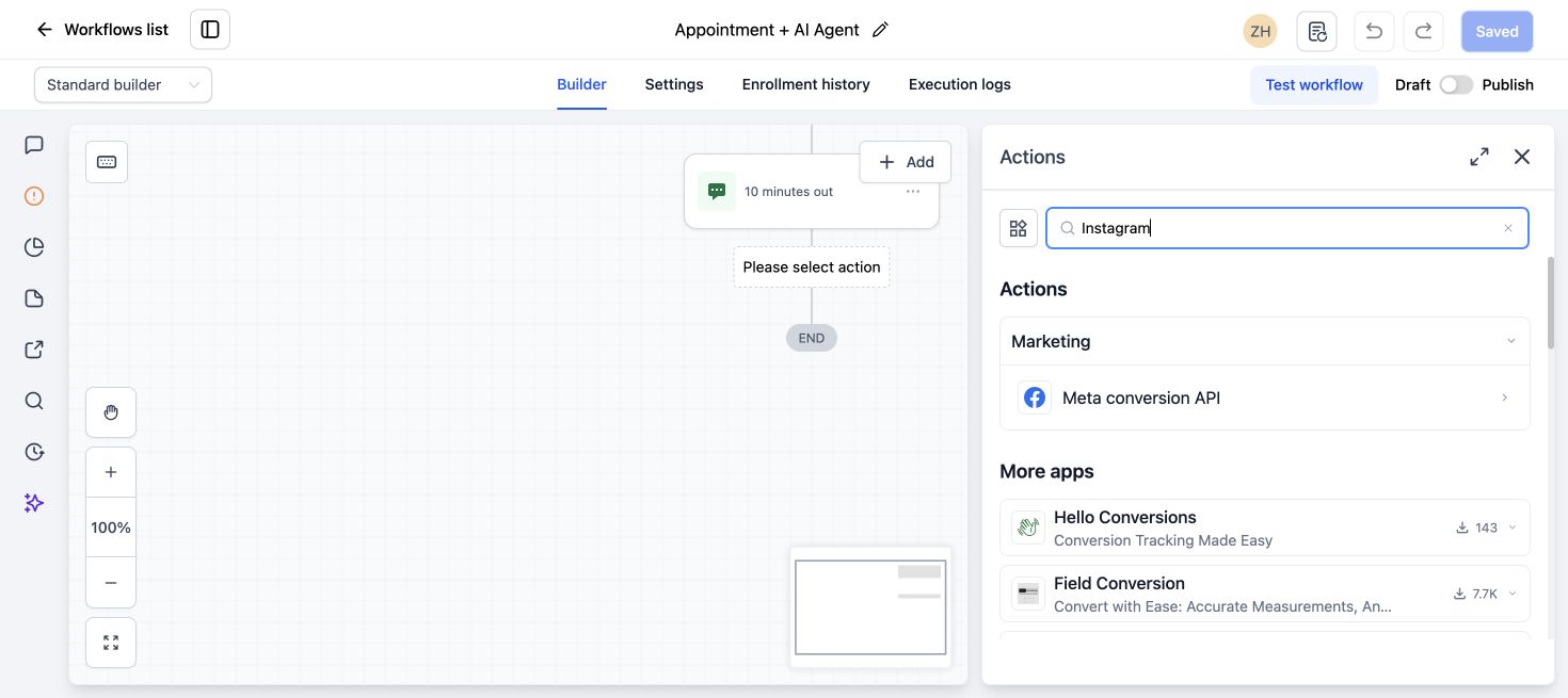 GoHighLevel workflow action menu showing Instagram messaging actions