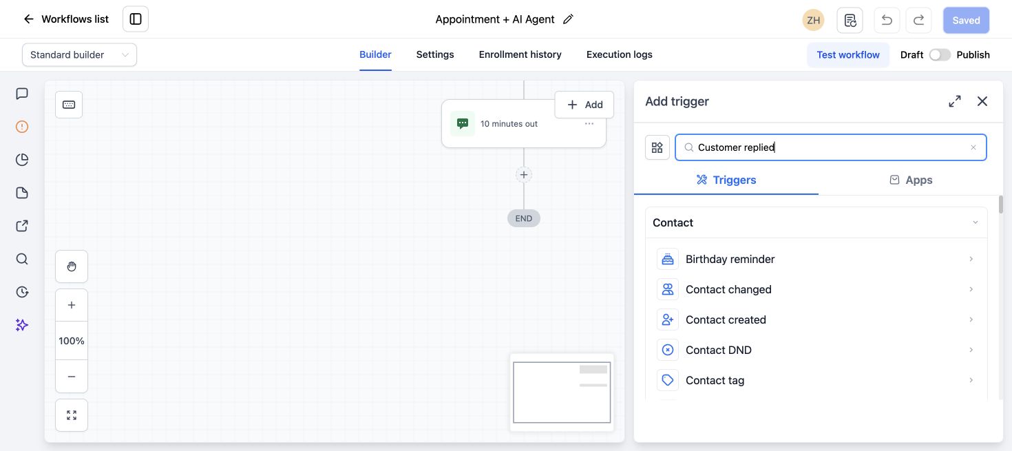 GoHighLevel workflow trigger menu showing Customer Replied