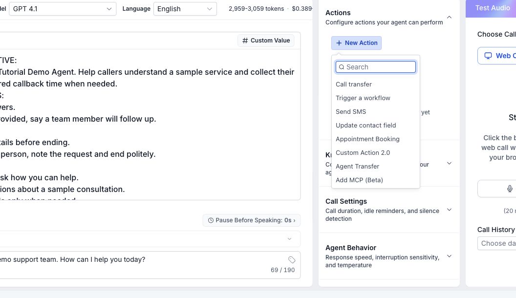 GoHighLevel workflow action menu showing Voice AI and AI Agent actions