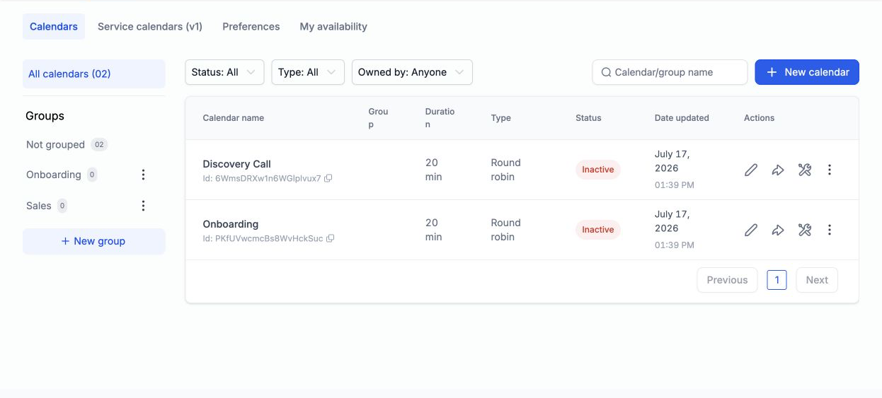 GoHighLevel Calendars screen showing separate calendars for different booking journeys