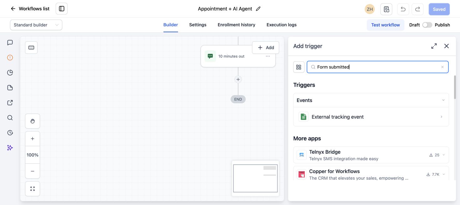GoHighLevel workflow trigger menu showing Form Submitted