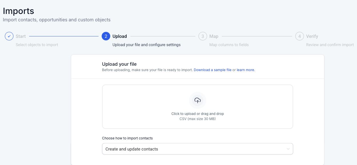 HighLevel CSV contact import screen showing the upload and import options