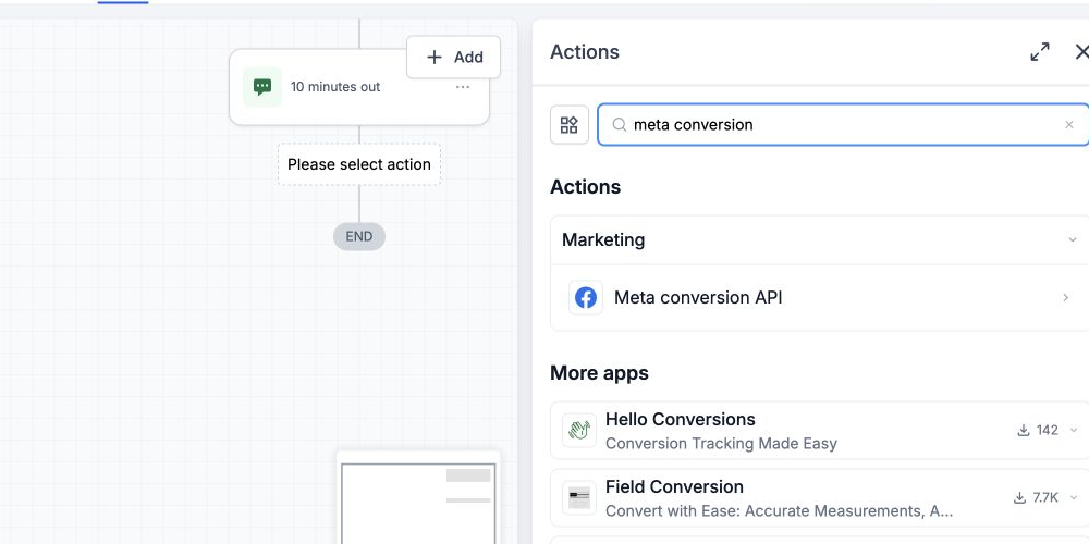 HighLevel workflow action menu showing the Meta Conversion API action
