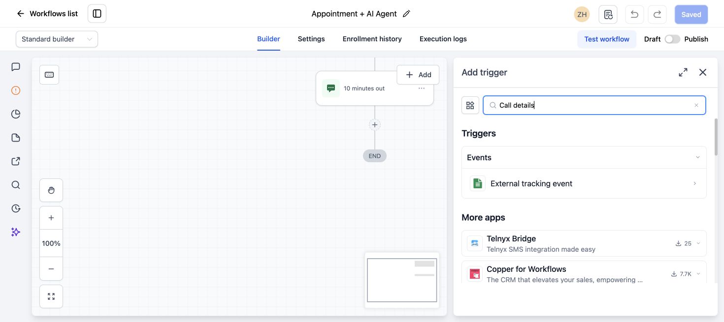 GoHighLevel workflow trigger menu showing call-details conditions