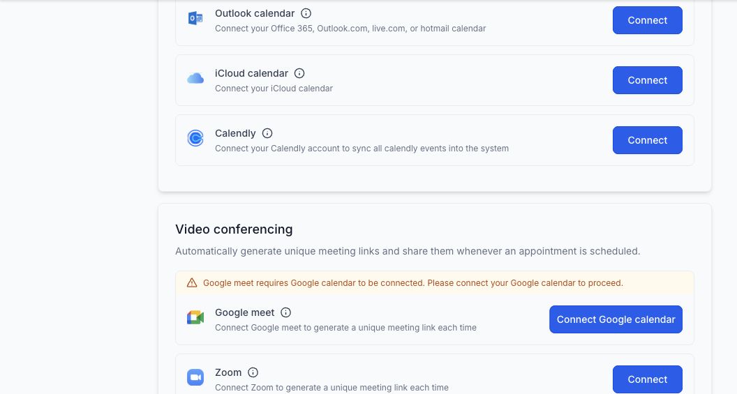 GoHighLevel Calendar Connections screen showing Outlook, iCloud and CalDAV providers