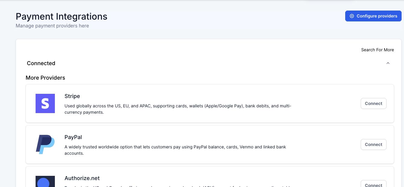 HighLevel Payment Integrations screen showing Stripe and other payment providers