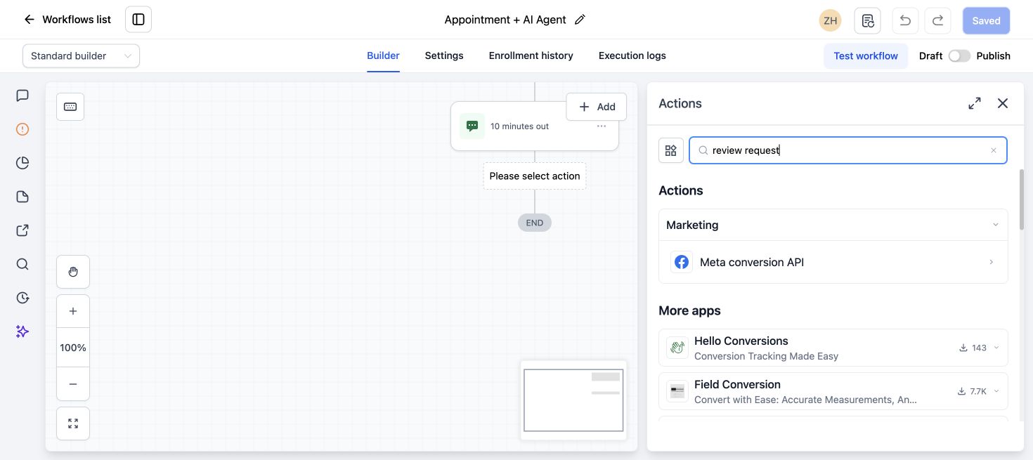 GoHighLevel workflow action menu showing Send Review Request