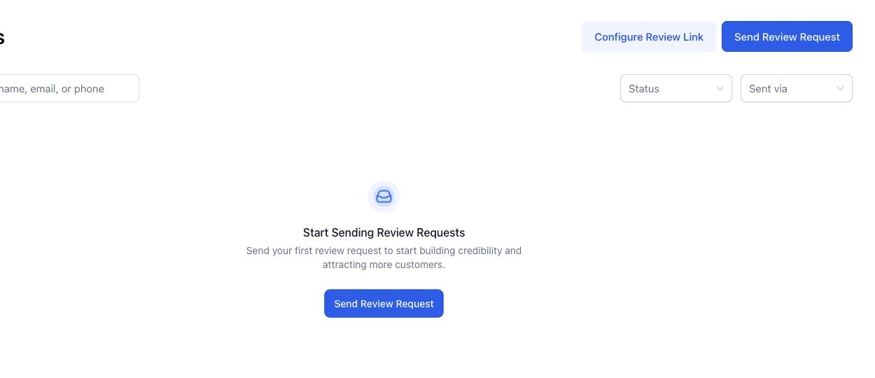 GoHighLevel Reputation Requests screen with filters and the Send Review Request option