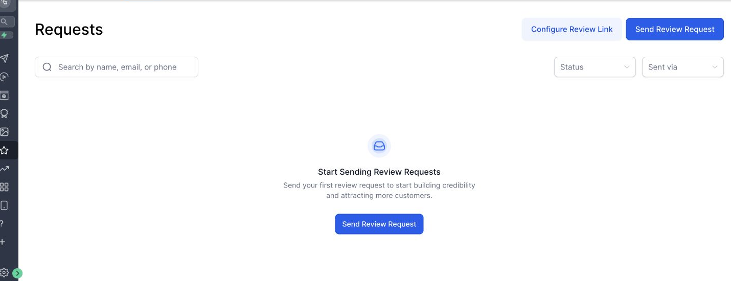 HighLevel reputation management Requests screen with review request controls