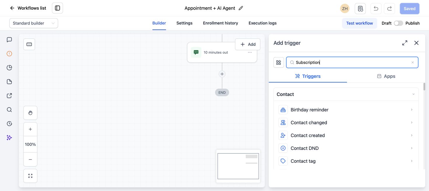 GoHighLevel workflow trigger menu showing Subscription events