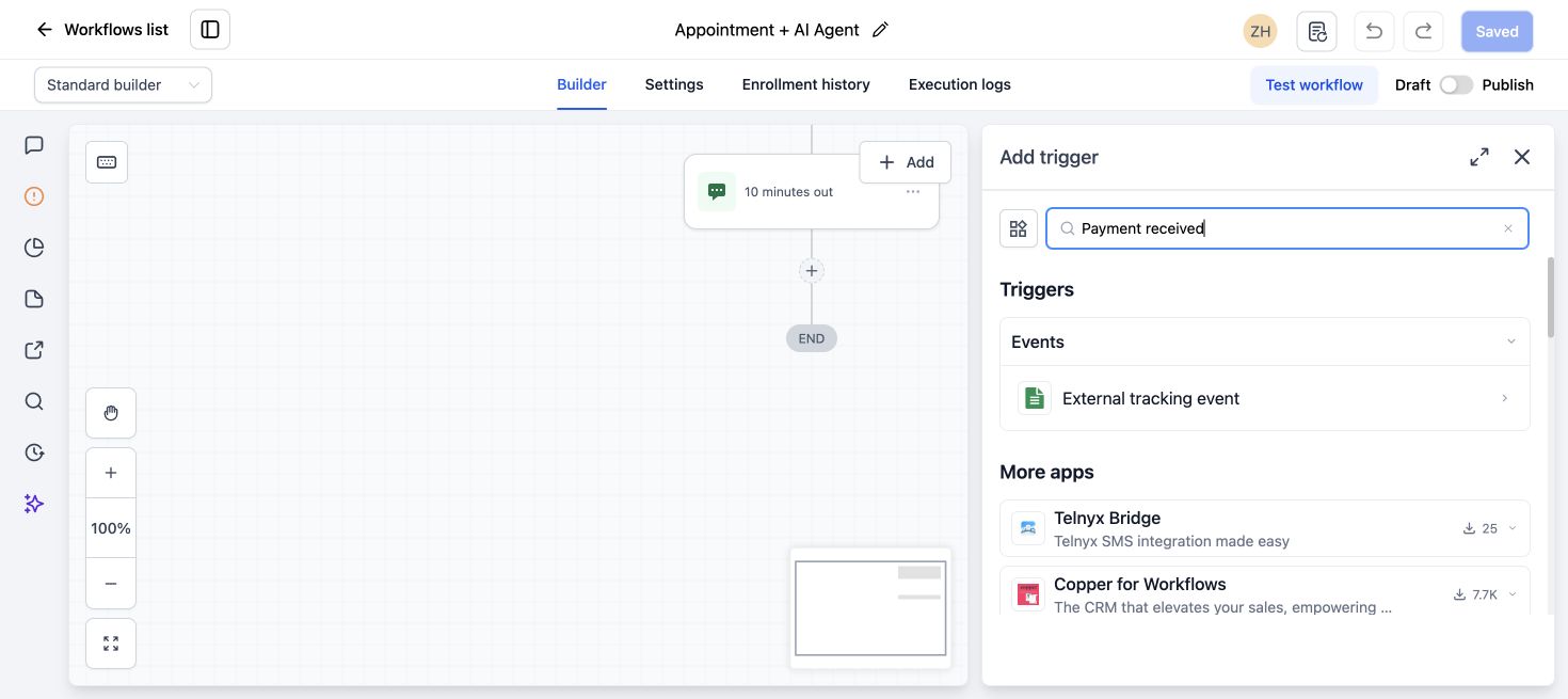 GoHighLevel workflow trigger menu showing Payment Received