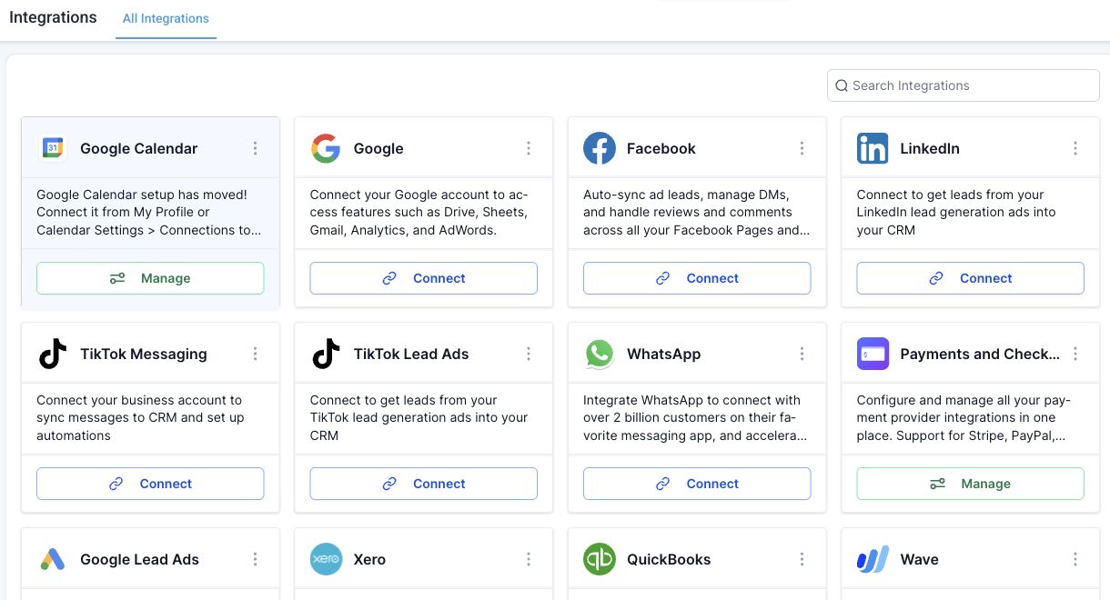 HighLevel integrations screen showing services to reconnect after a sub-account transfer
