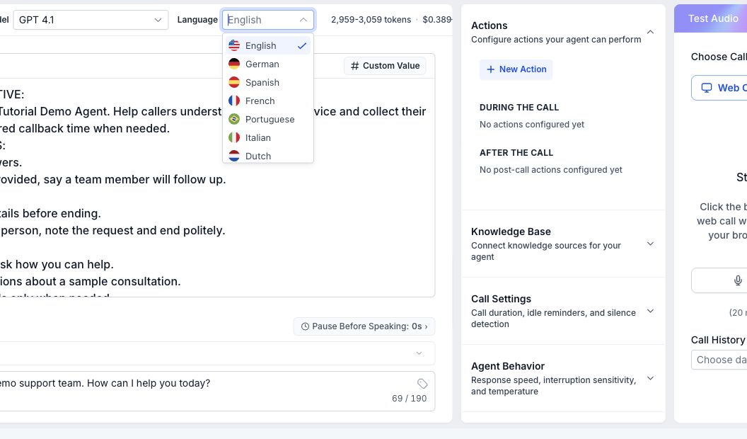 GoHighLevel Voice AI agent settings showing the language and voice controls