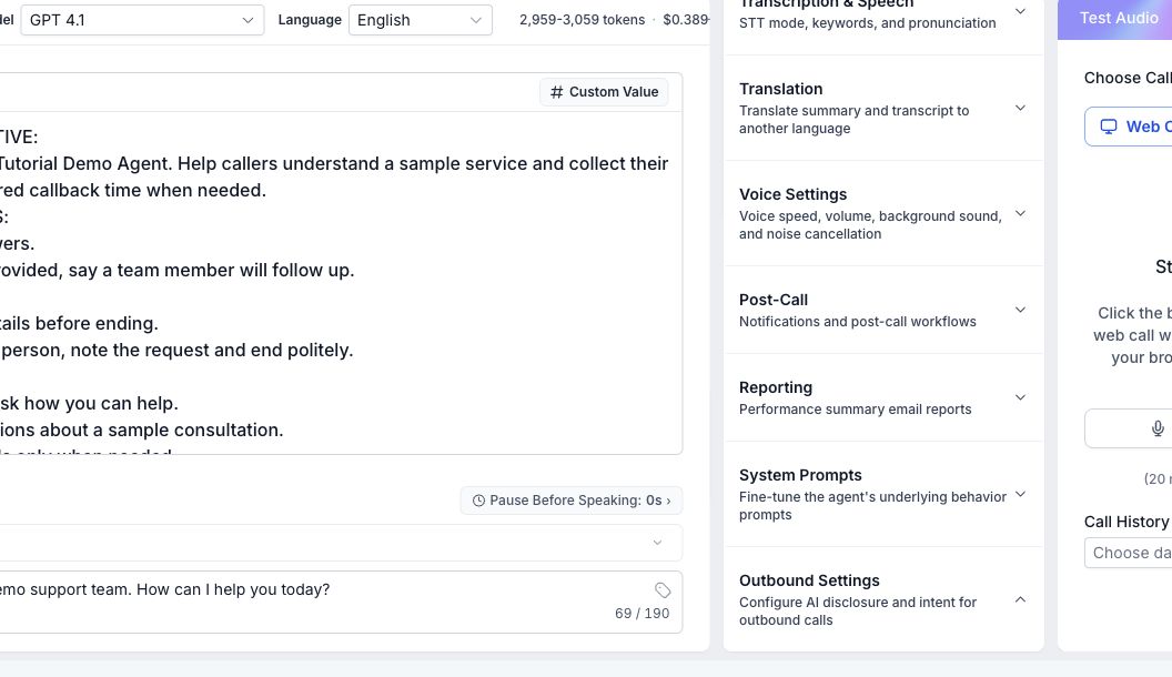 GoHighLevel Voice AI outbound settings showing outbound calls disabled for a test agent