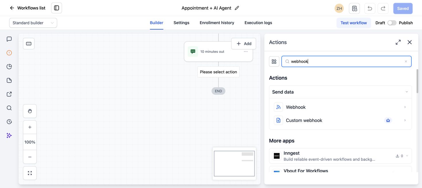 GoHighLevel workflow action menu showing Webhook and Custom Webhook actions