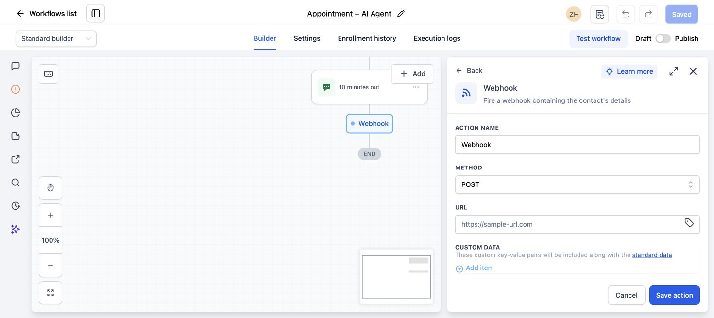 GoHighLevel outbound webhook configuration panel with method and URL fields