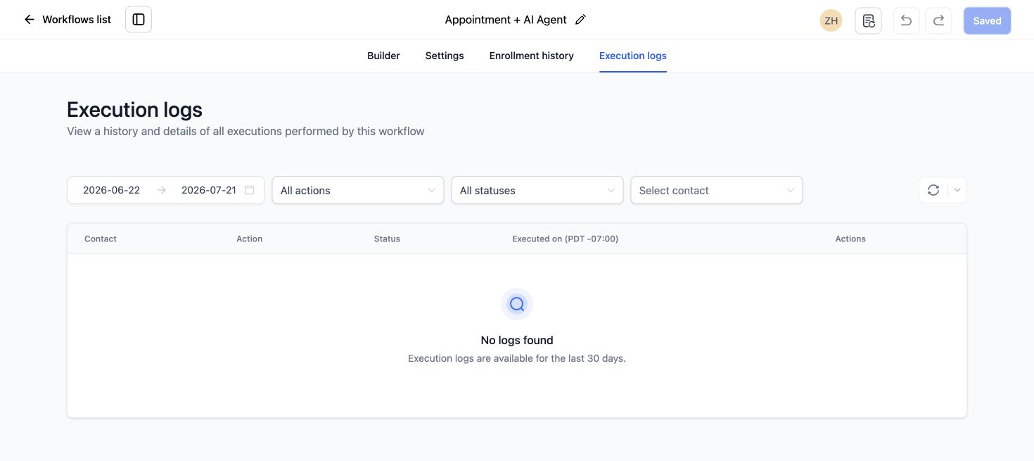 GoHighLevel workflow Execution Logs screen used to trace why a workflow did not run