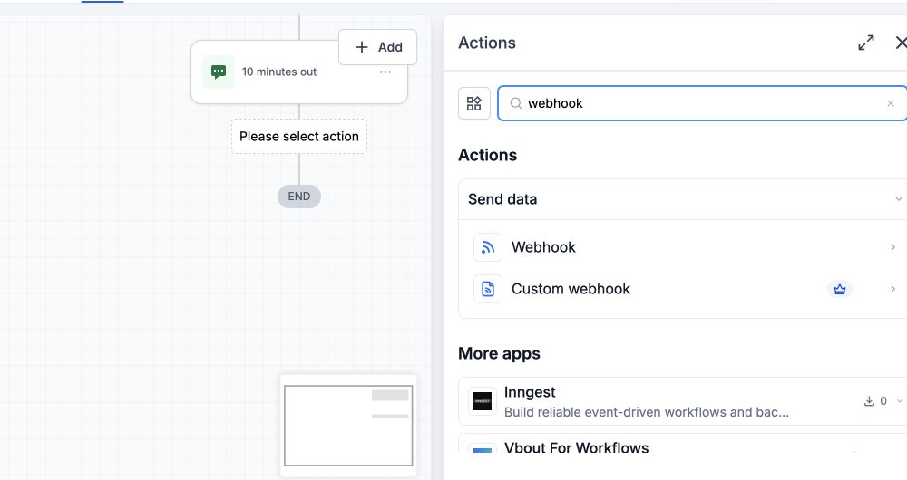 HighLevel workflow Actions panel showing Webhook and Custom webhook options