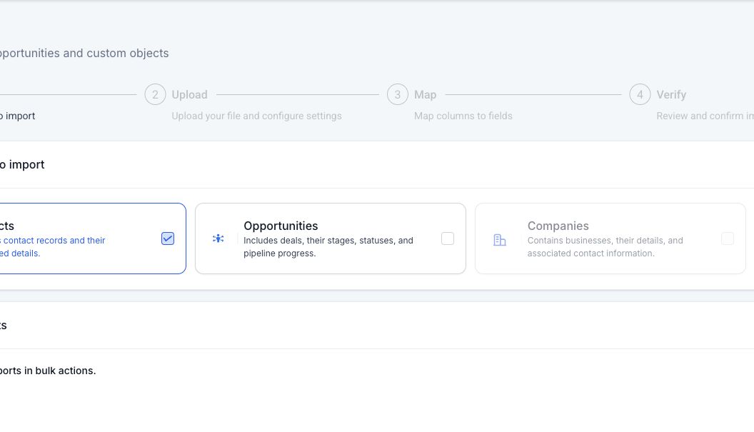 GoHighLevel import wizard showing Contacts and Opportunities object selection