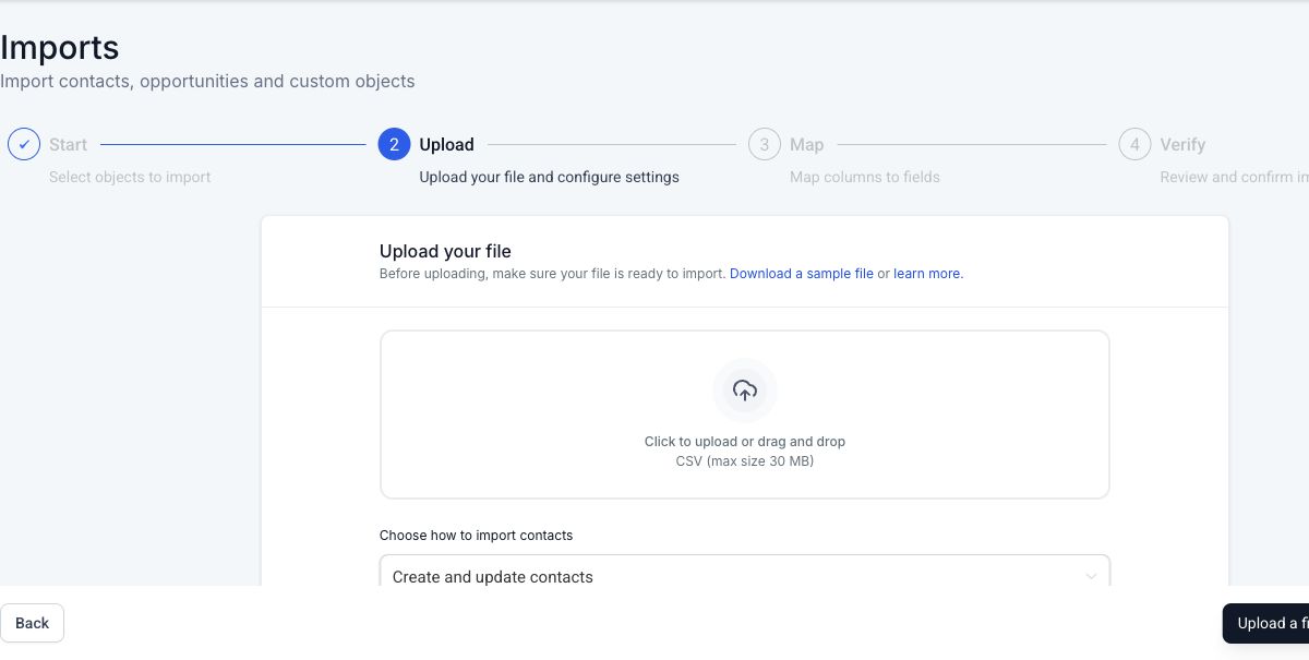 GoHighLevel contact import wizard showing CSV upload and import-mode options