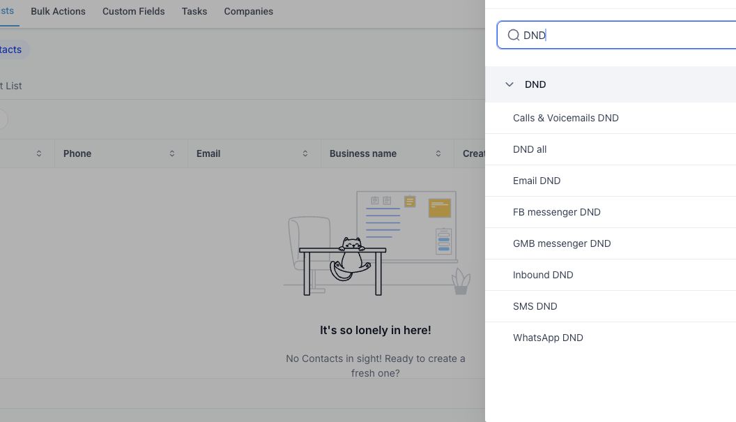GoHighLevel contact filters showing DND fields for email, SMS and other channels
