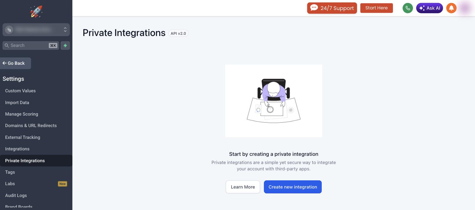 GoHighLevel Settings with Private Integrations selected