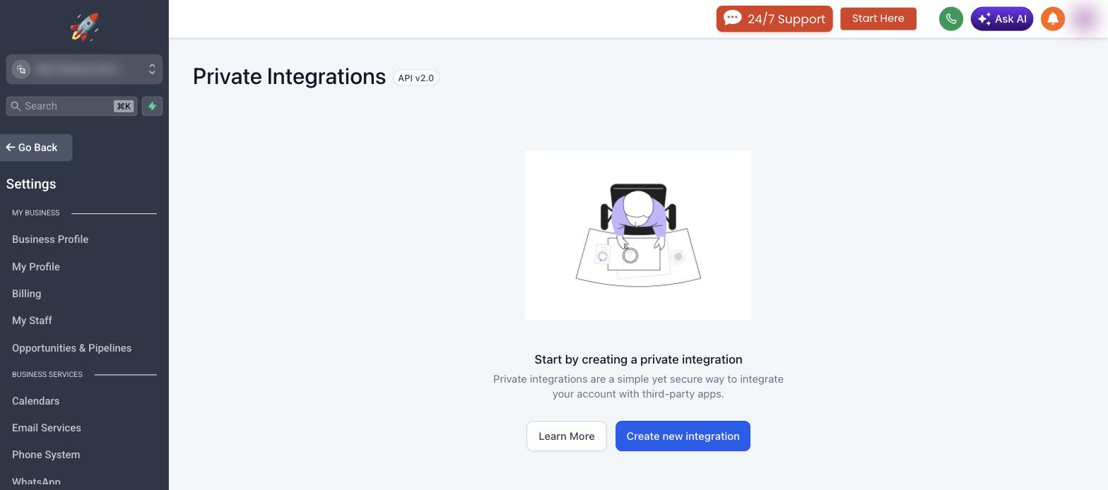 Private Integrations page with API v2.0 and Create new integration