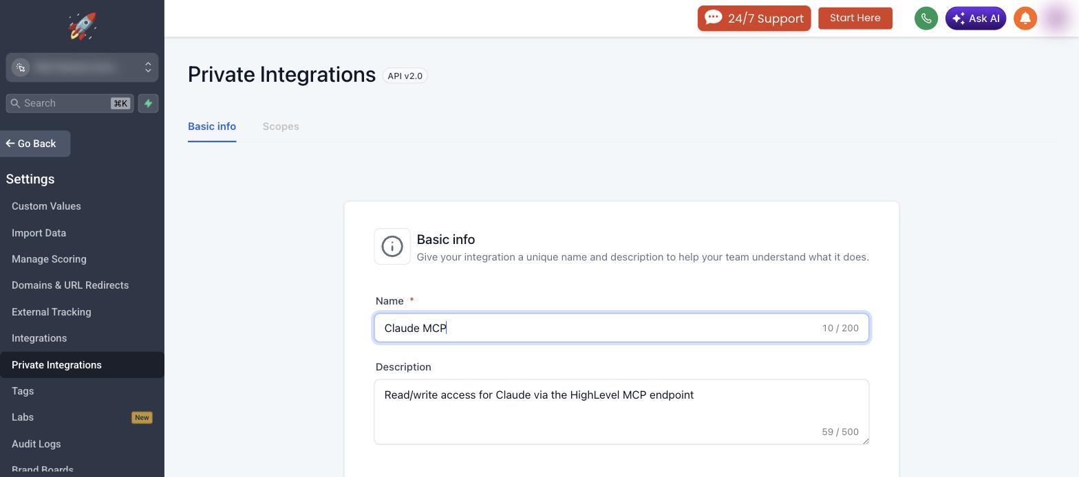Private Integration name and description fields
