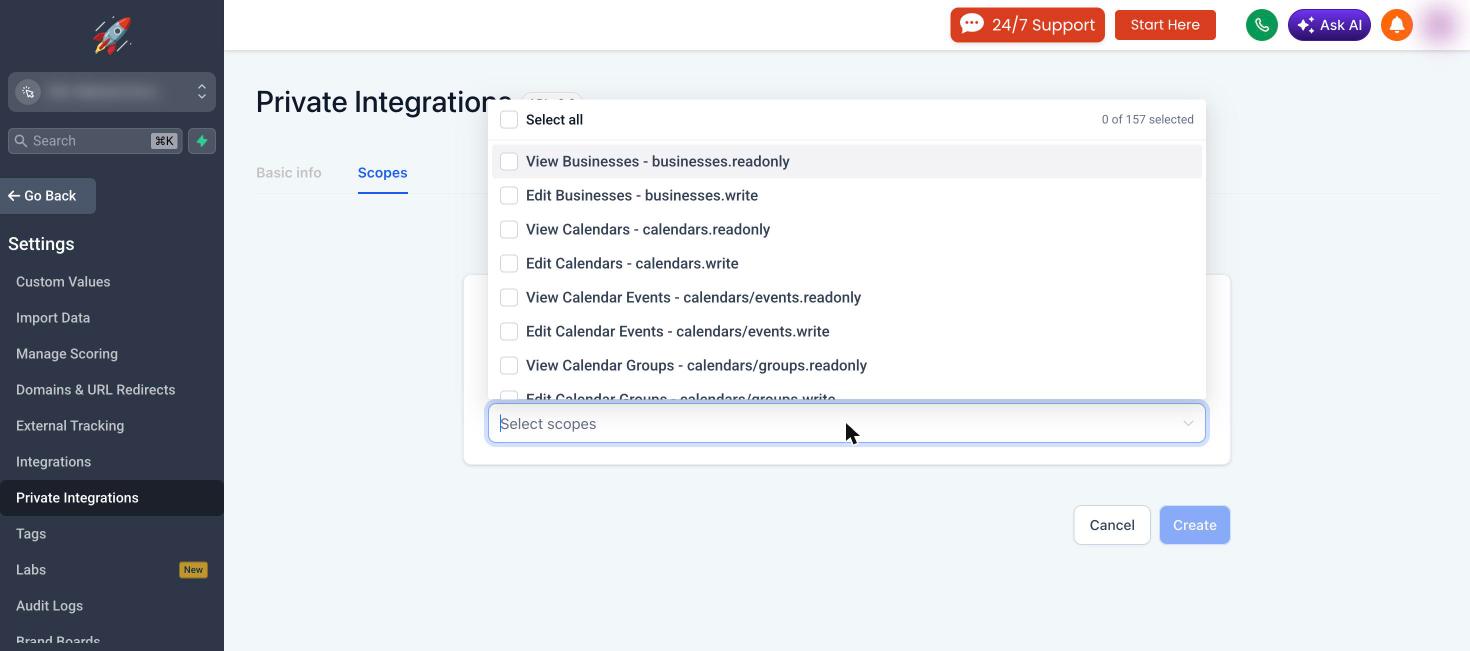 Private Integration scope dropdown