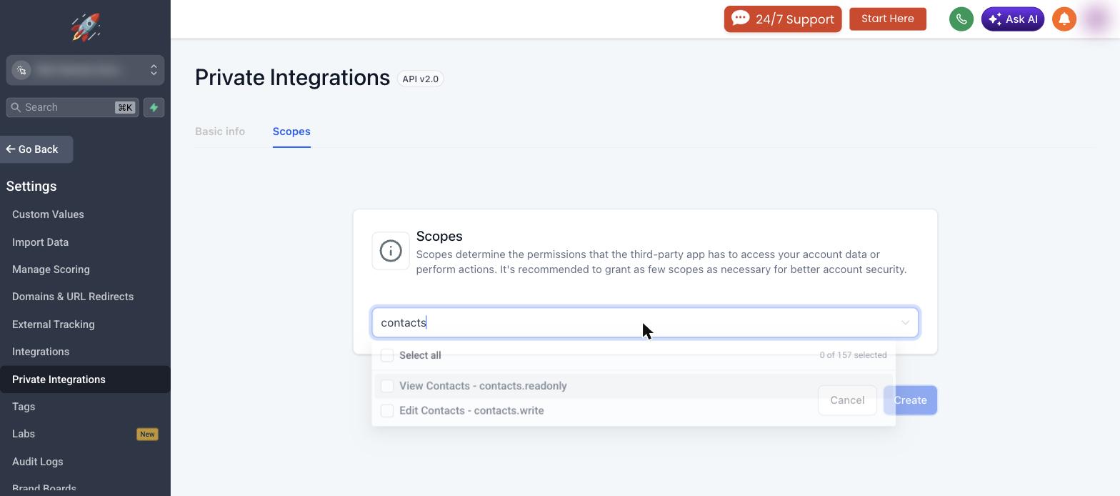 Private Integration scope search filtered to contacts
