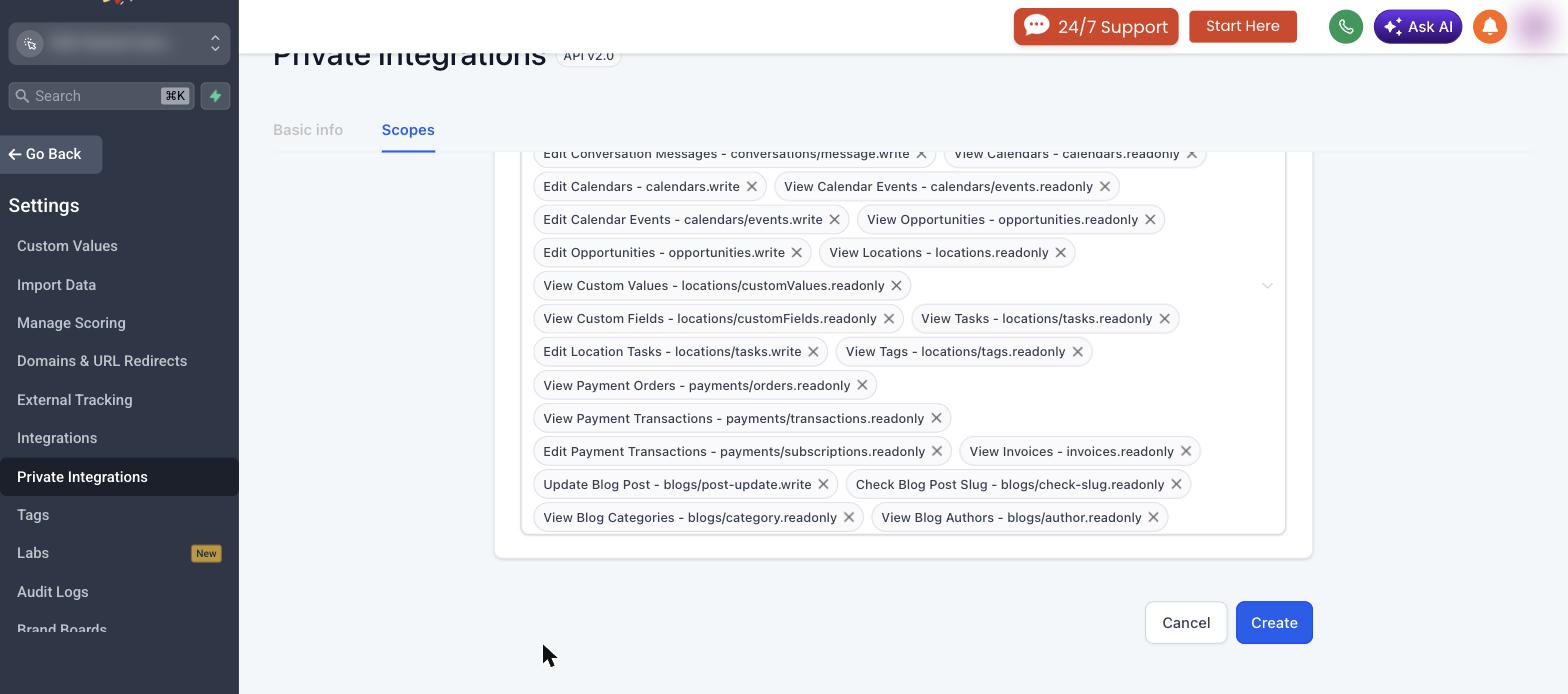 Create button for a HighLevel Private Integration