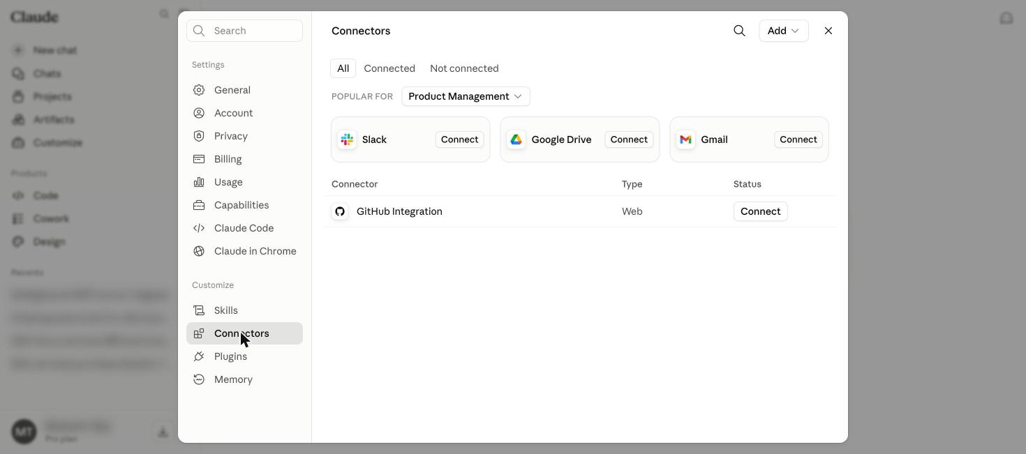 Claude Connectors settings page