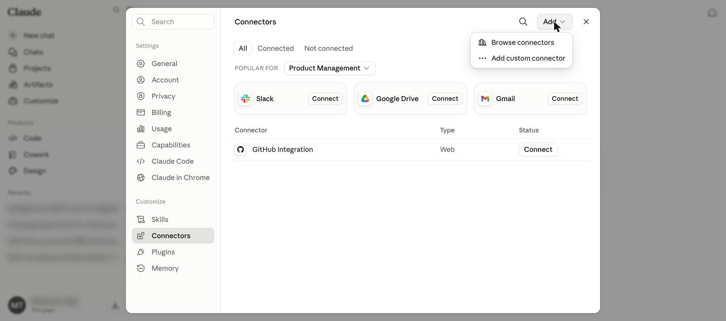 Add menu expanded with Add custom connector selected