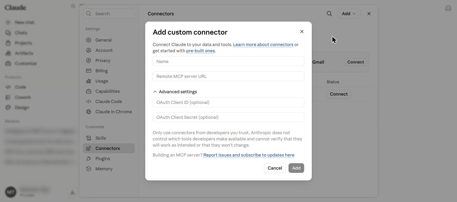Empty Add custom connector dialog in Claude